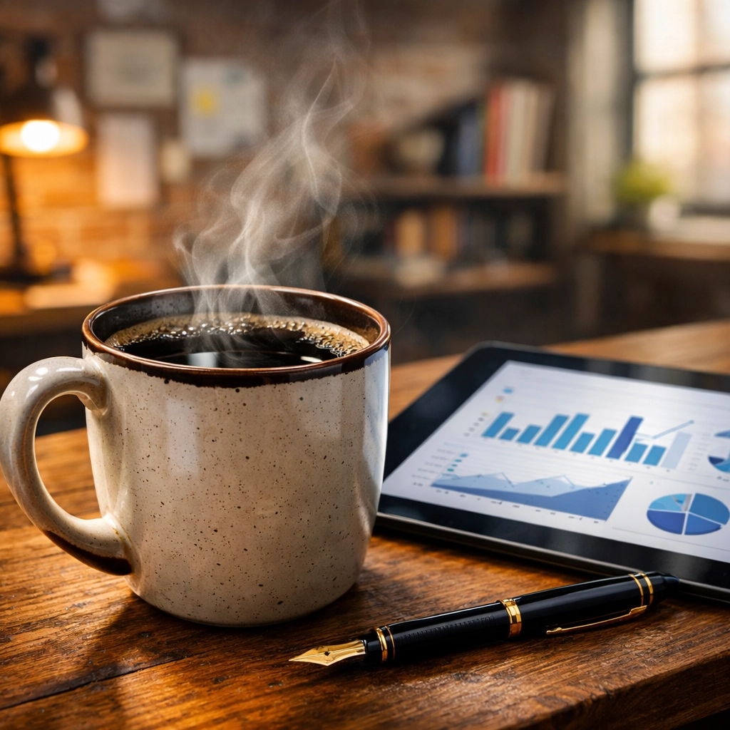 A cup of clean, mold-free coffee on a professional desk, symbolizing high-performance focus.