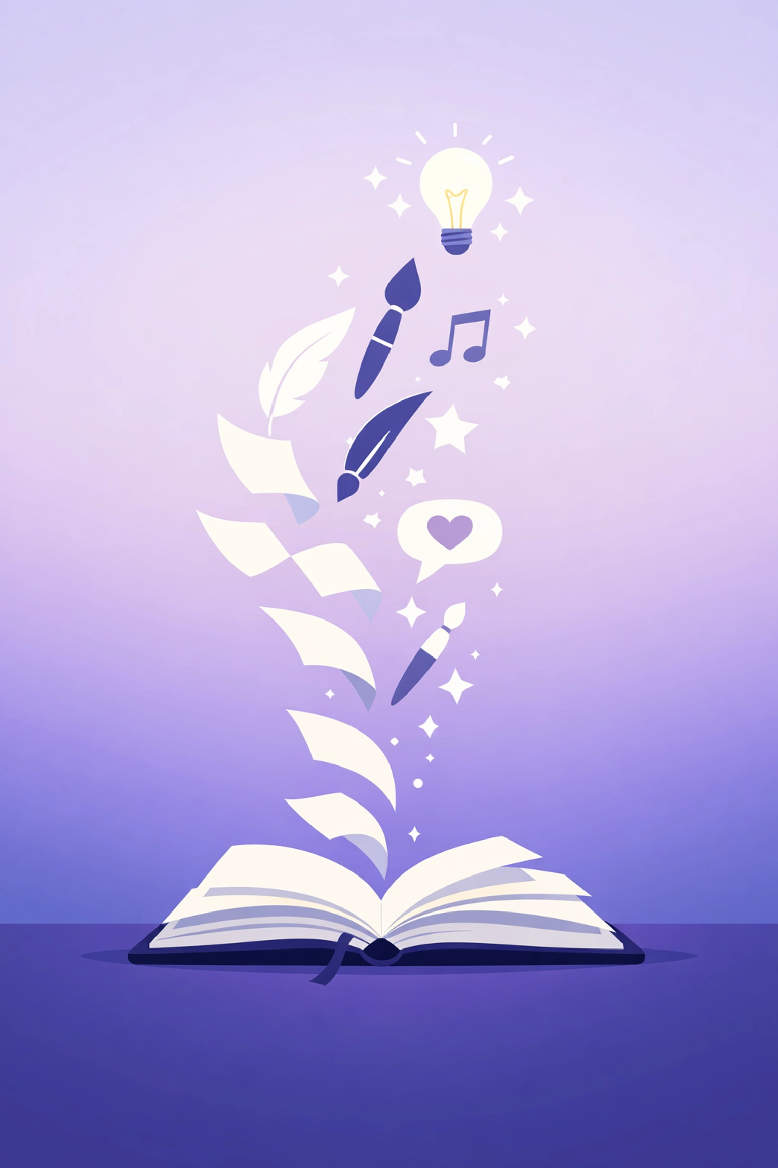 Open journal with ideas floating upward as creative symbols like notes and brushes take flight