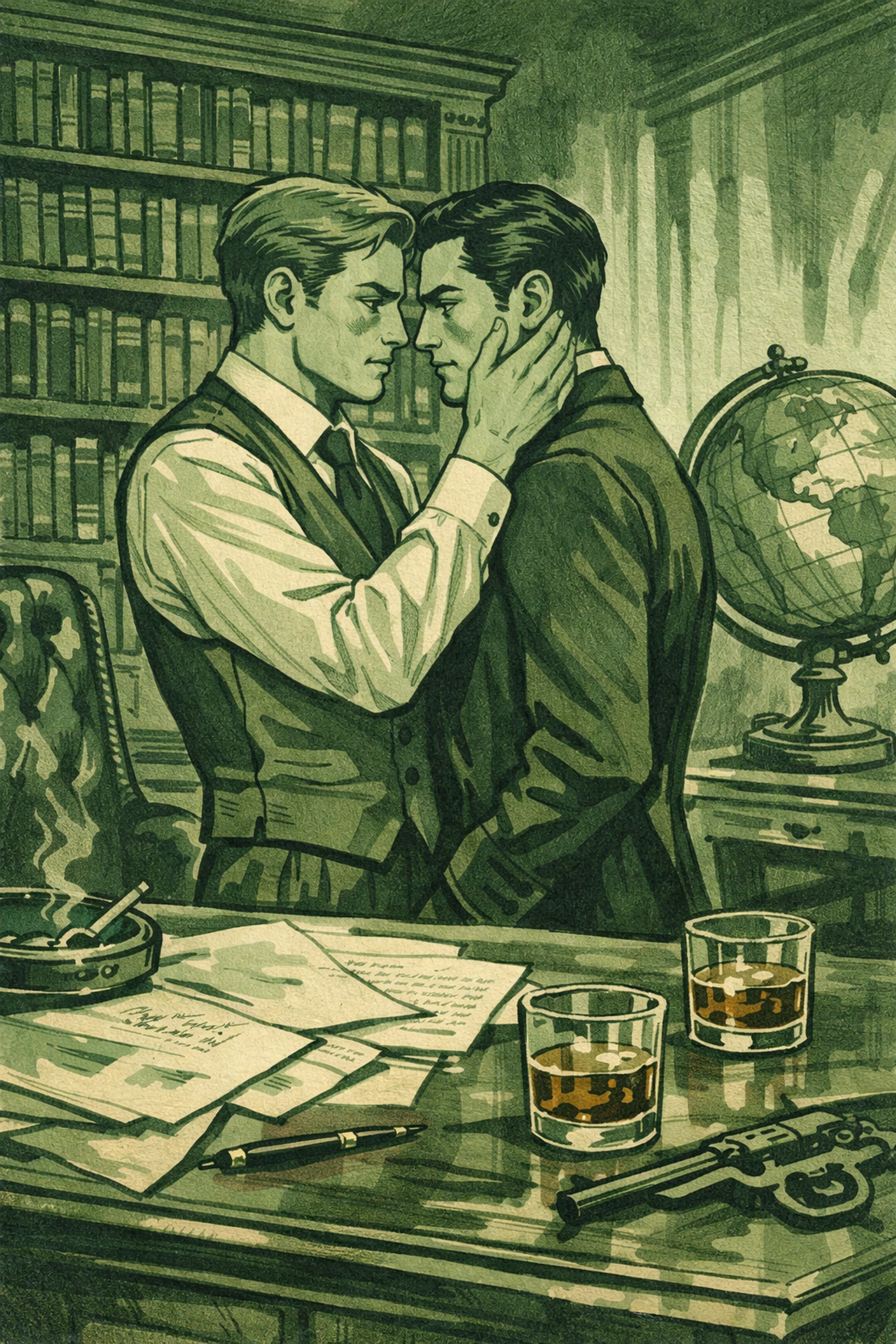 Two men in intimate embrace surrounded by books and power symbols - gay mafia love story