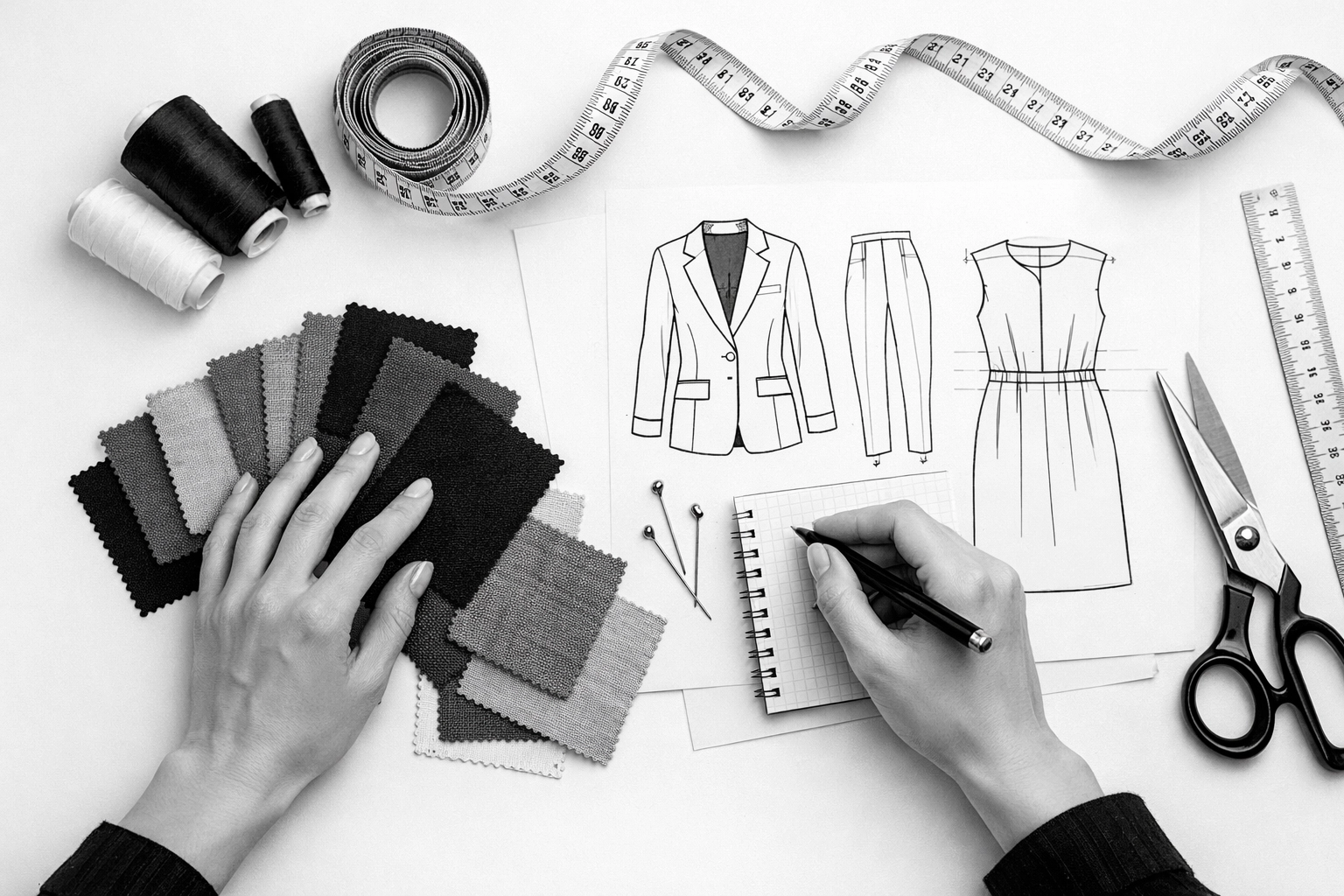 Latino fashion designer workspace with fabric samples and technical drawings