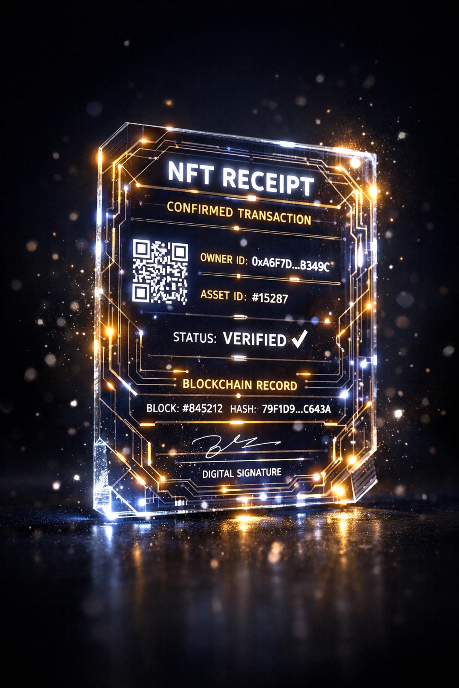 Secure digital NFT receipt on the blockchain showing proof of purchase for Larecoin metaverse shopping.