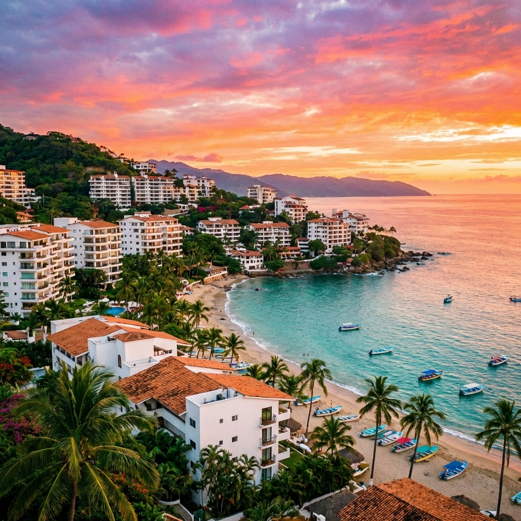 Puerto Vallarta coastline with modern condos and palm trees at sunset, showcasing 2026 condo rental trends