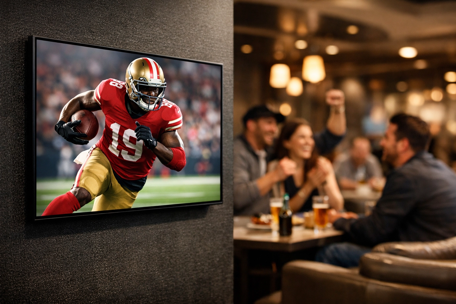 Digital media display showing athlete action in a premium sports lounge for targeted fan engagement.