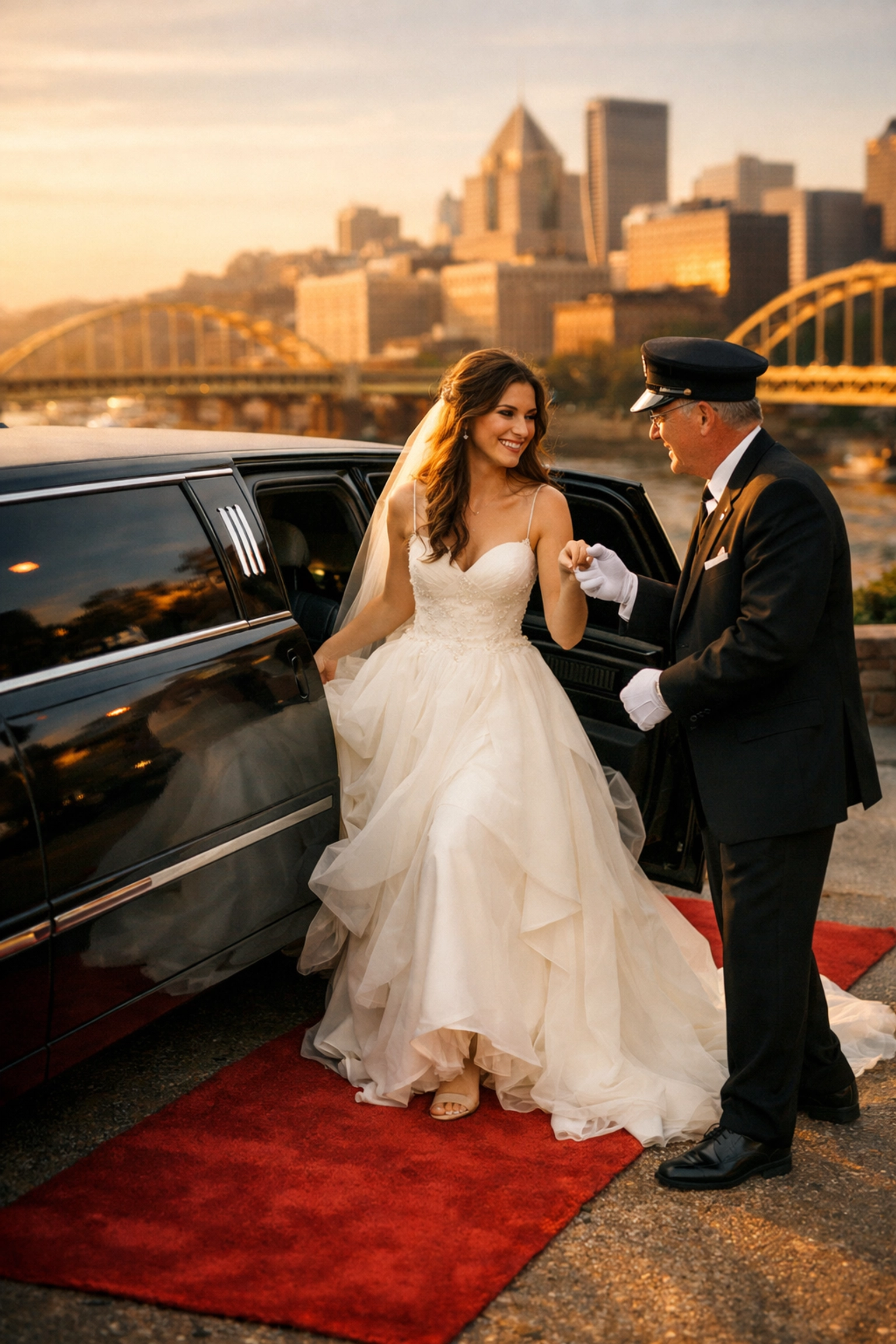 Professional chauffeur helping bride from Pittsburgh wedding limousine with red carpet