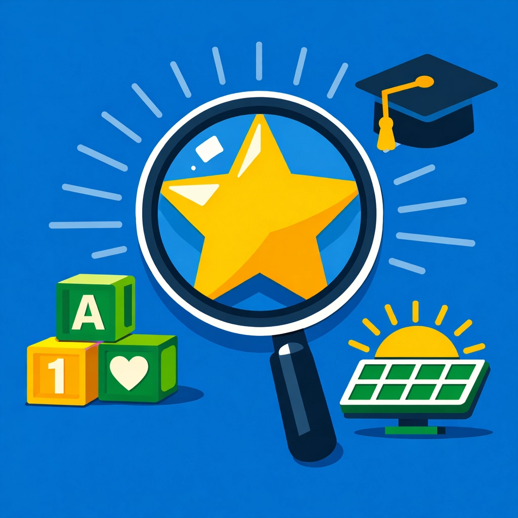 Magnifying glass finding tax credits for education, energy-efficient homes, and childcare expenses.