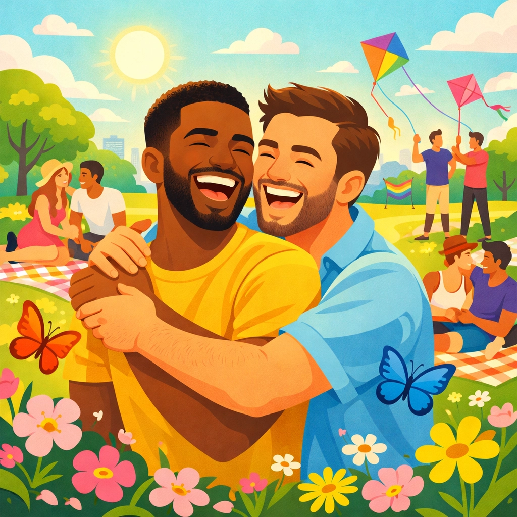 Gay couples celebrating love and community in joyful MM romance scene