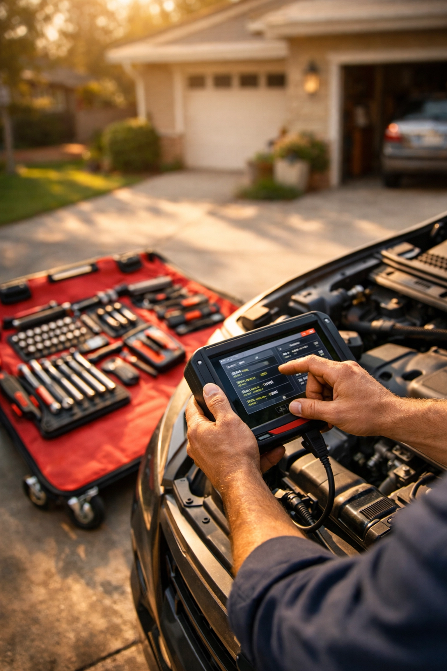 Mobile mechanic performing diagnostic service on car engine in residential driveway in Green Bay