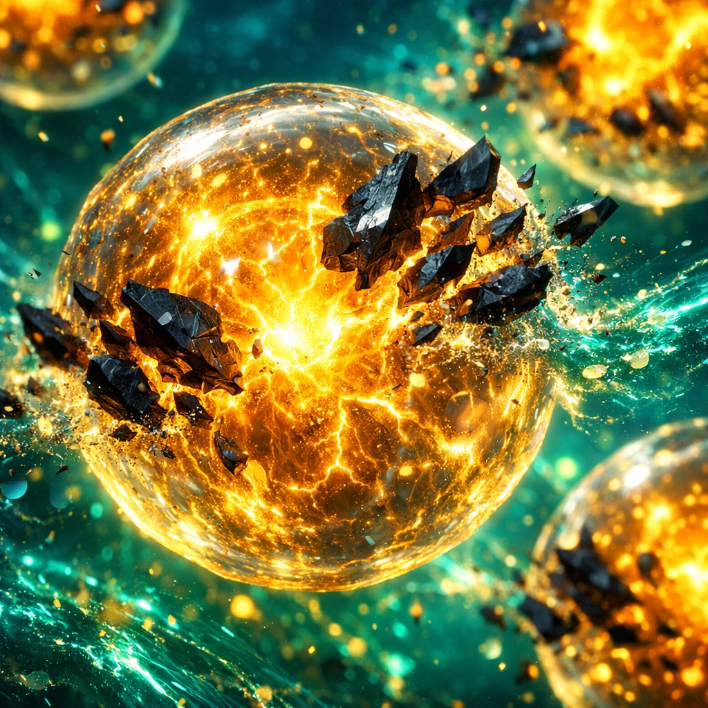 Microscopic cells shedding trauma and vibrating with golden light to illustrate healing yourself.