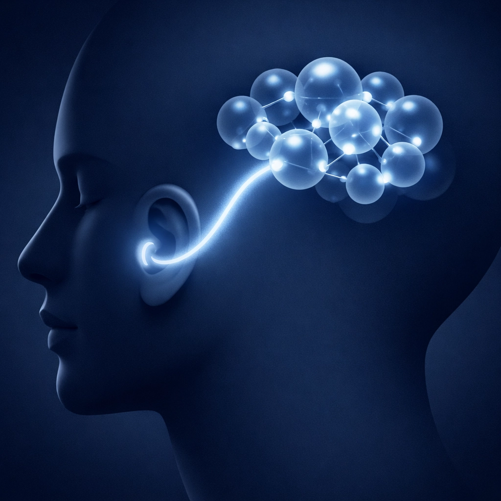 Profile of a head showing the connection from ear to brain for CAPD assessments at Pristine Hearing.