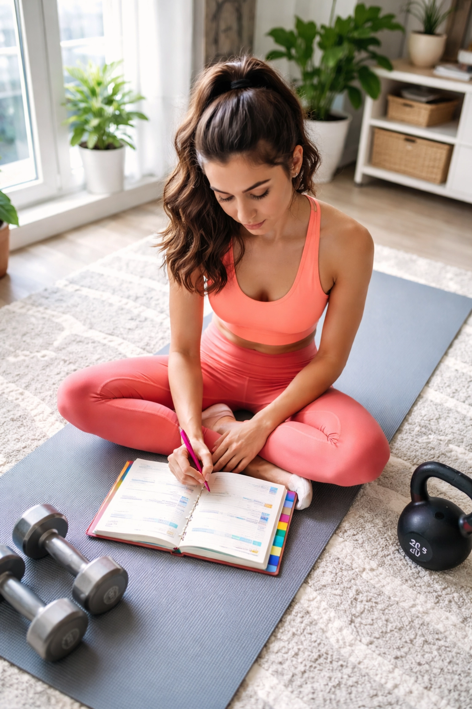 Jeune femme planifiant son programme de micro-workouts, carnet d'entraînement ouvert sur le tapis de yoga