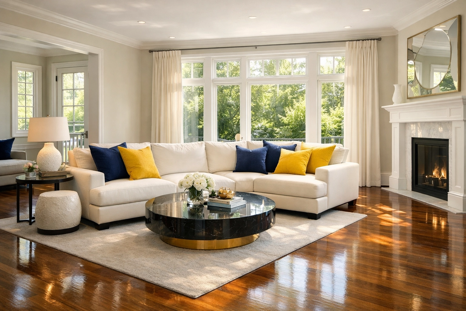 Spotless Newton living room showing stress-free results from a reliable house cleaning service in Newton.