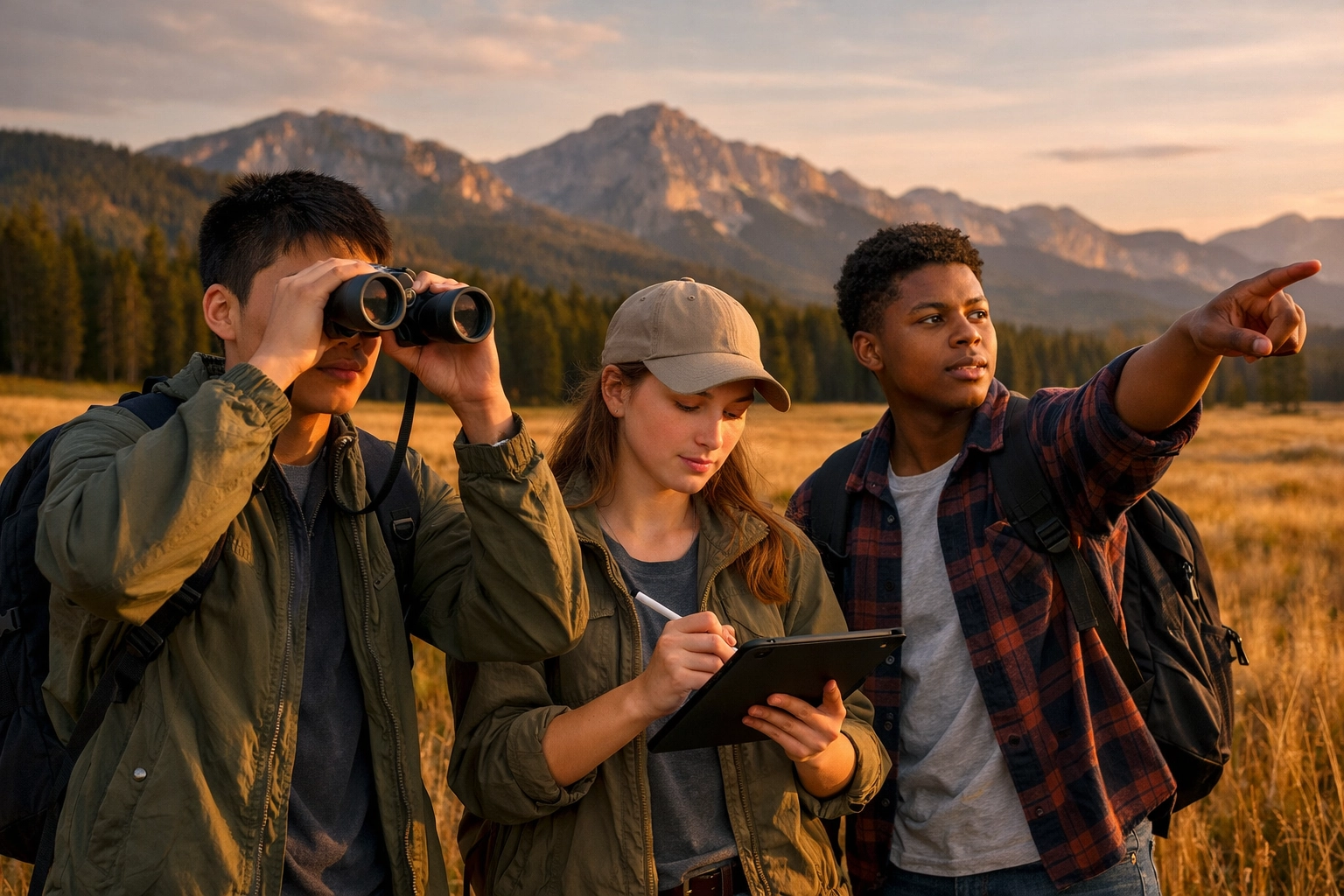 Students observing wildlife during a hands-on science Yellowstone trip in a mountain meadow.