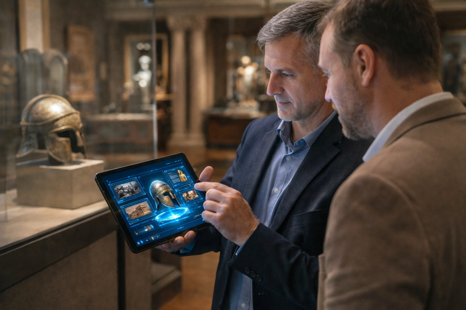 Museum curator reviewing AR content on multiple holographic screens for artifact experiences