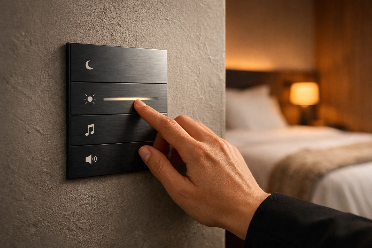 Guest using a smart hotel room control panel to personalize lighting and temperature through IoT.