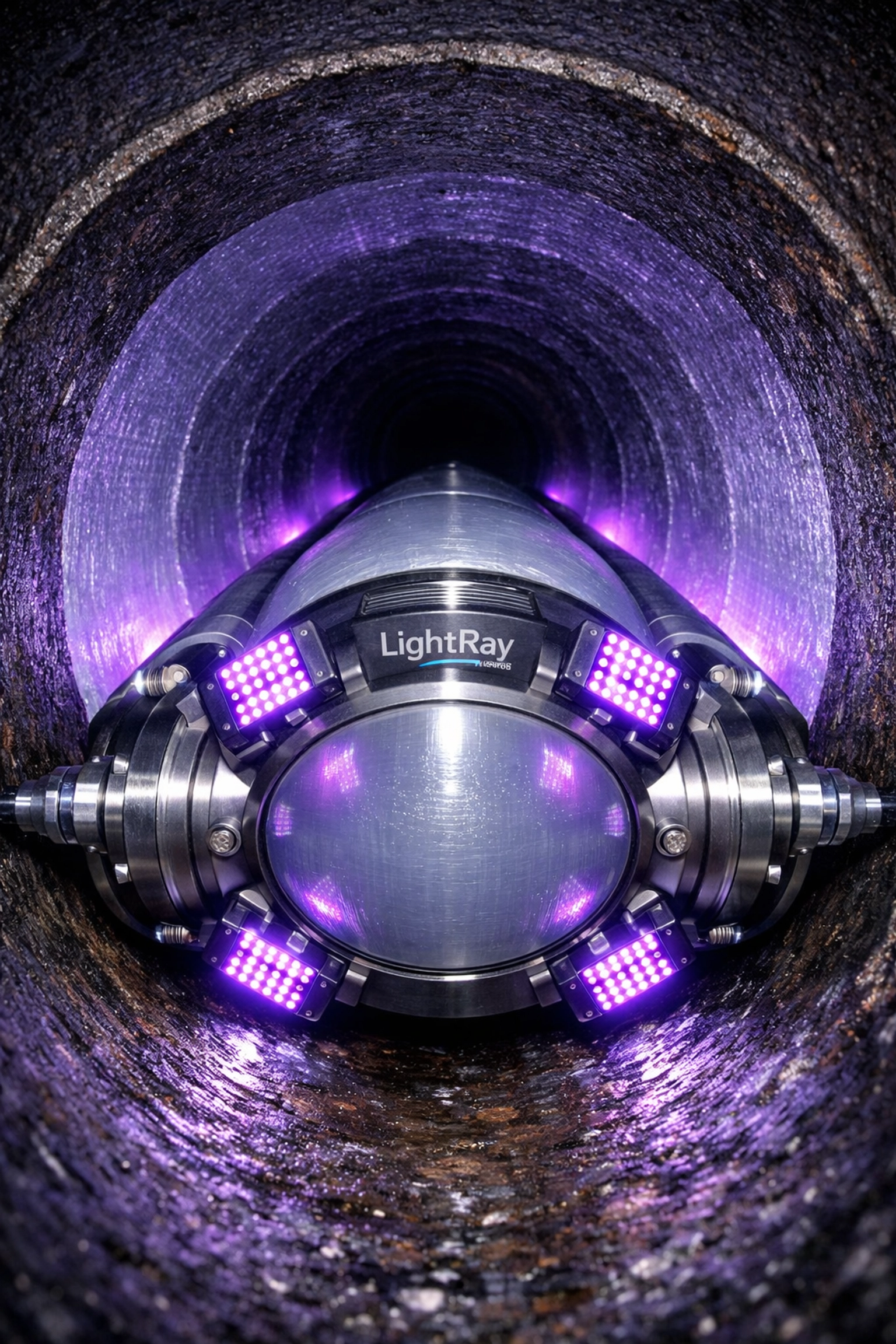 LightRay UV packer inflating a structural liner inside a cast iron sewer pipe for repair.