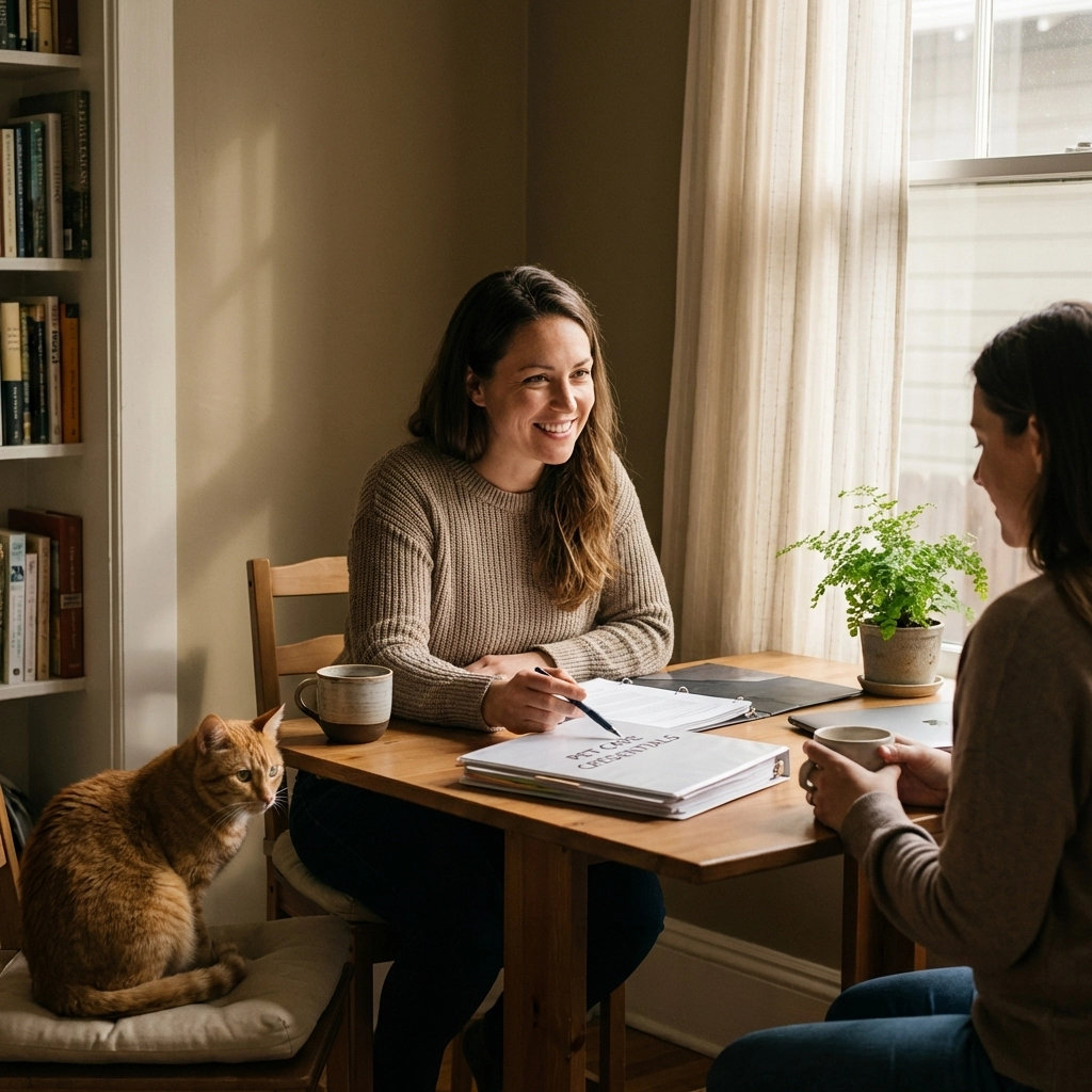 Professional Oakland cat sitter reviewing credentials with cat owner in cozy home setting for reliable in-home cat care