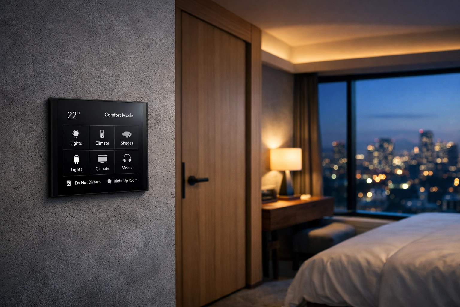 Smart hotel room control panel demonstrating seamless integration within a modern hotel PMS.