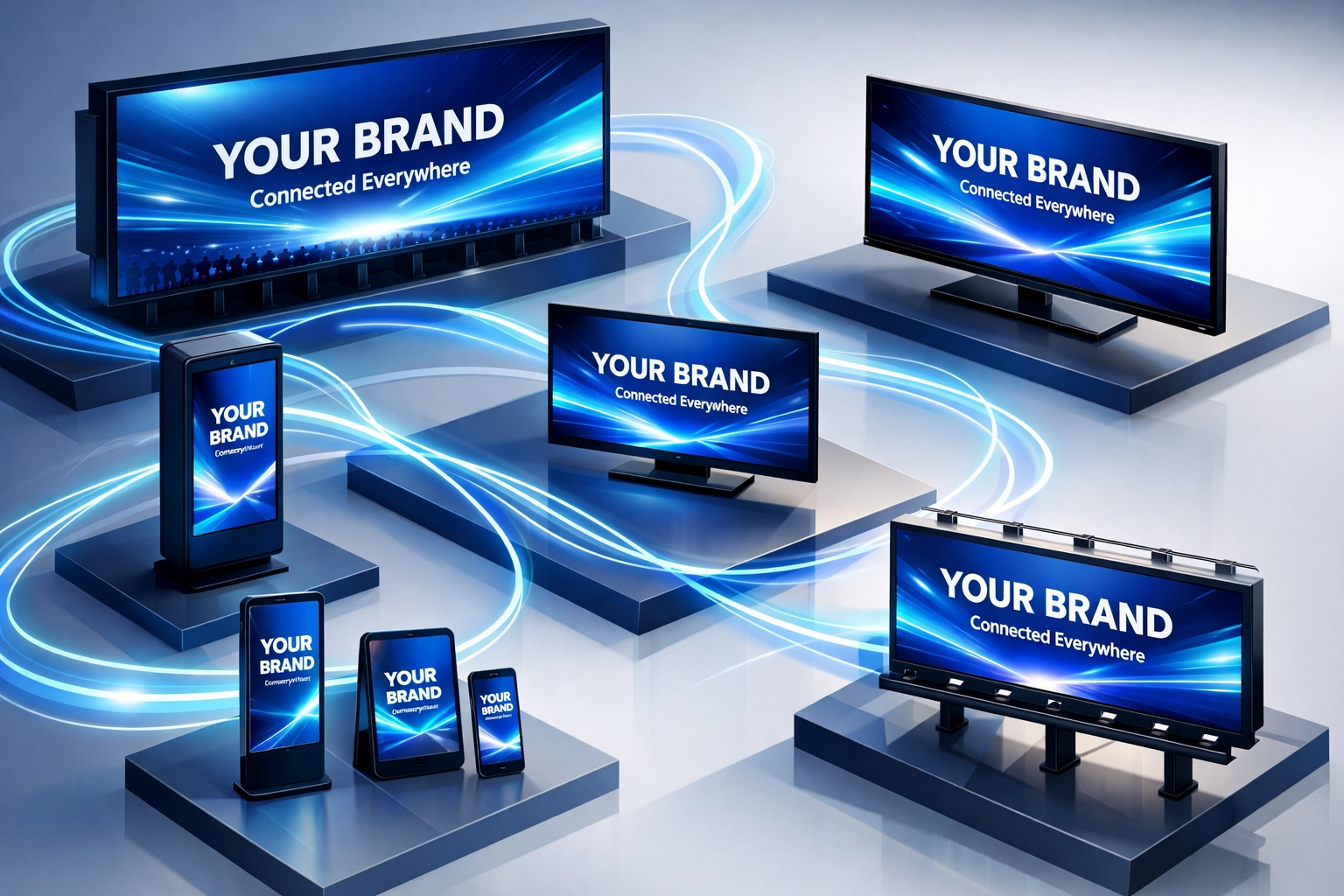 Multi-channel advertising integration showing stadium, retail, mobile, and OOH media touchpoints