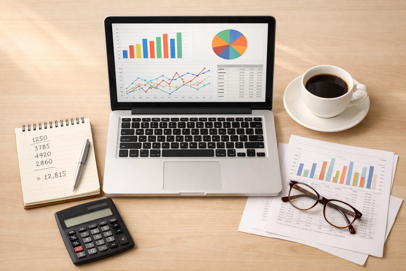 Business owner reviewing financial reports and charts on laptop with bookkeeping documents