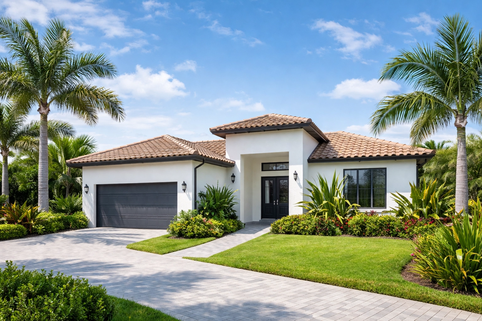 Exterior of a modern Florida home with palm trees, representing marital property in divorce sales