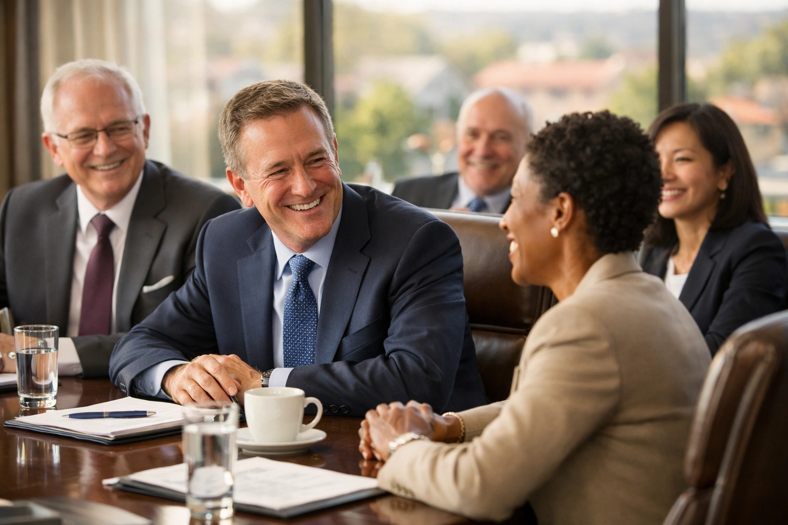 Bank executives in a boardroom discussing bank-owned life insurance and executive retention strategies.
