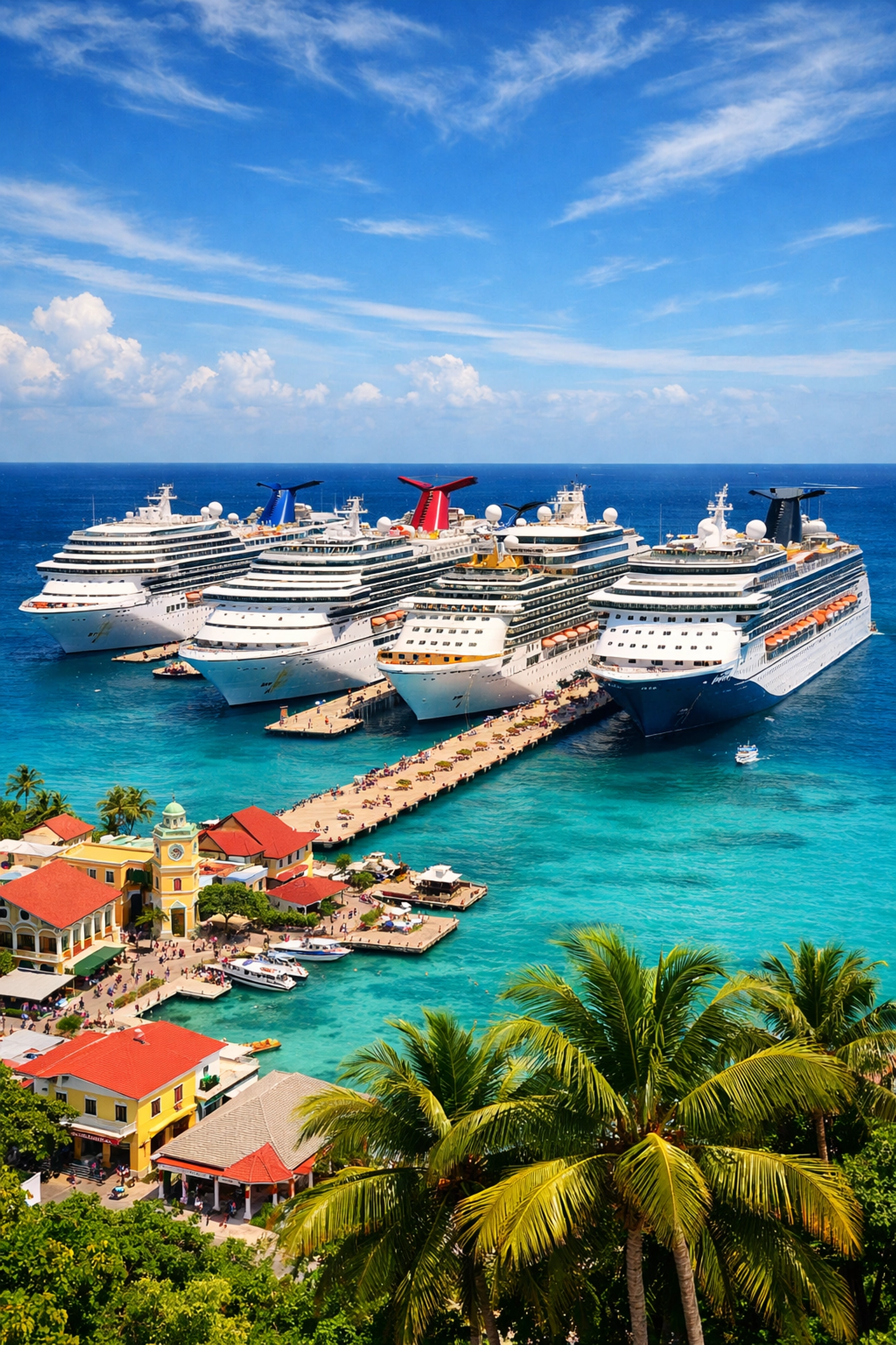 Cruise ships docked at tropical Caribbean port with palm trees and turquoise waters