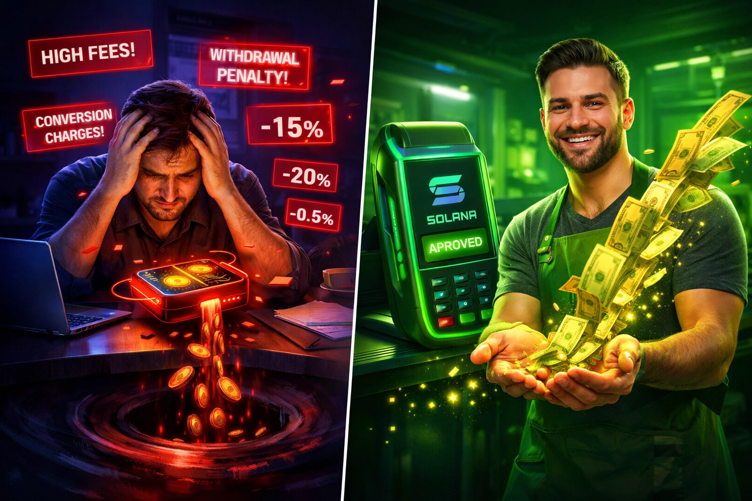 Comparison of traditional crypto payment processor fees versus Larecoin's low-cost Solana network fees