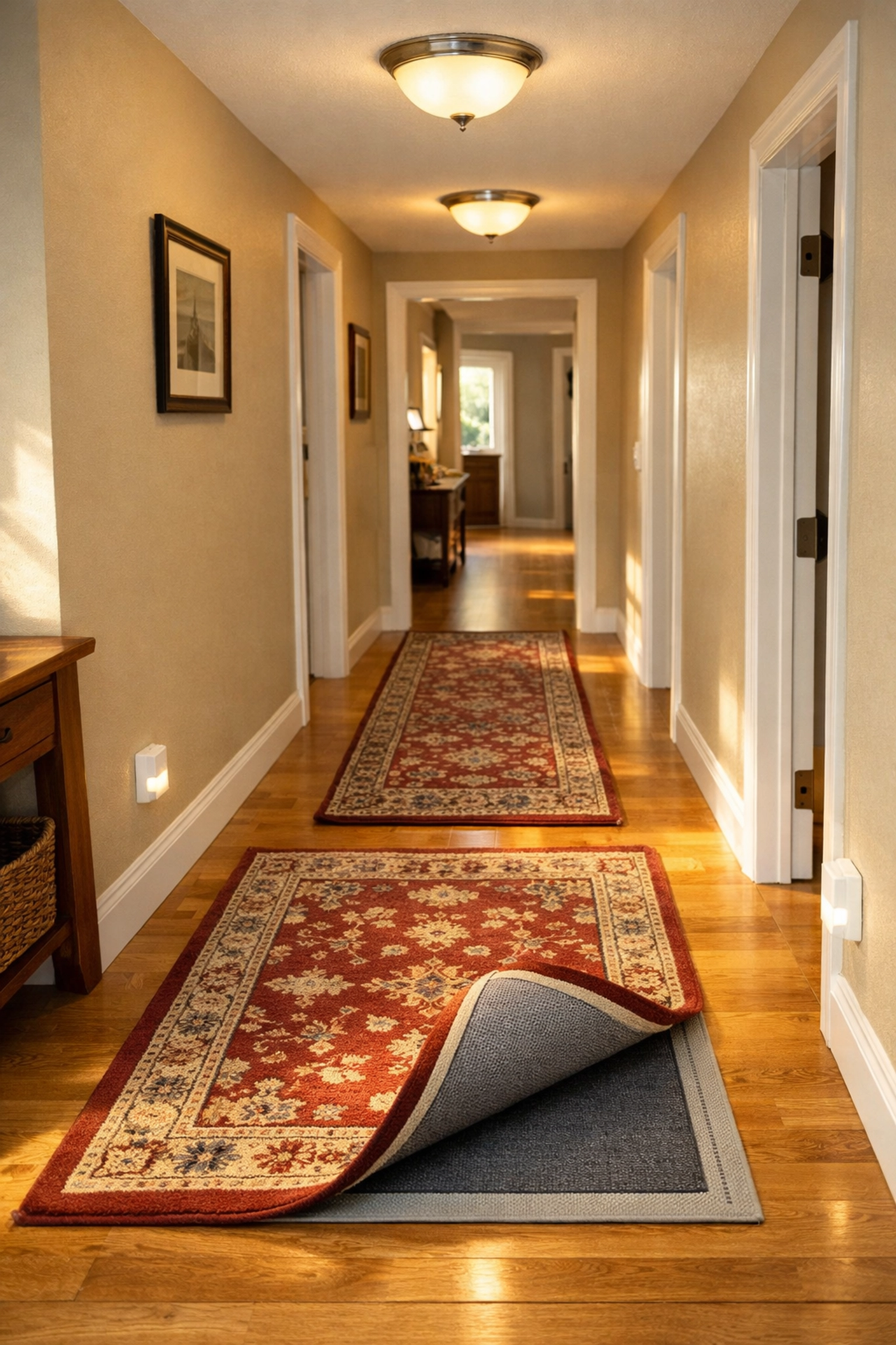 Well-lit home hallway with clear pathways and motion-sensor night lights for fall prevention