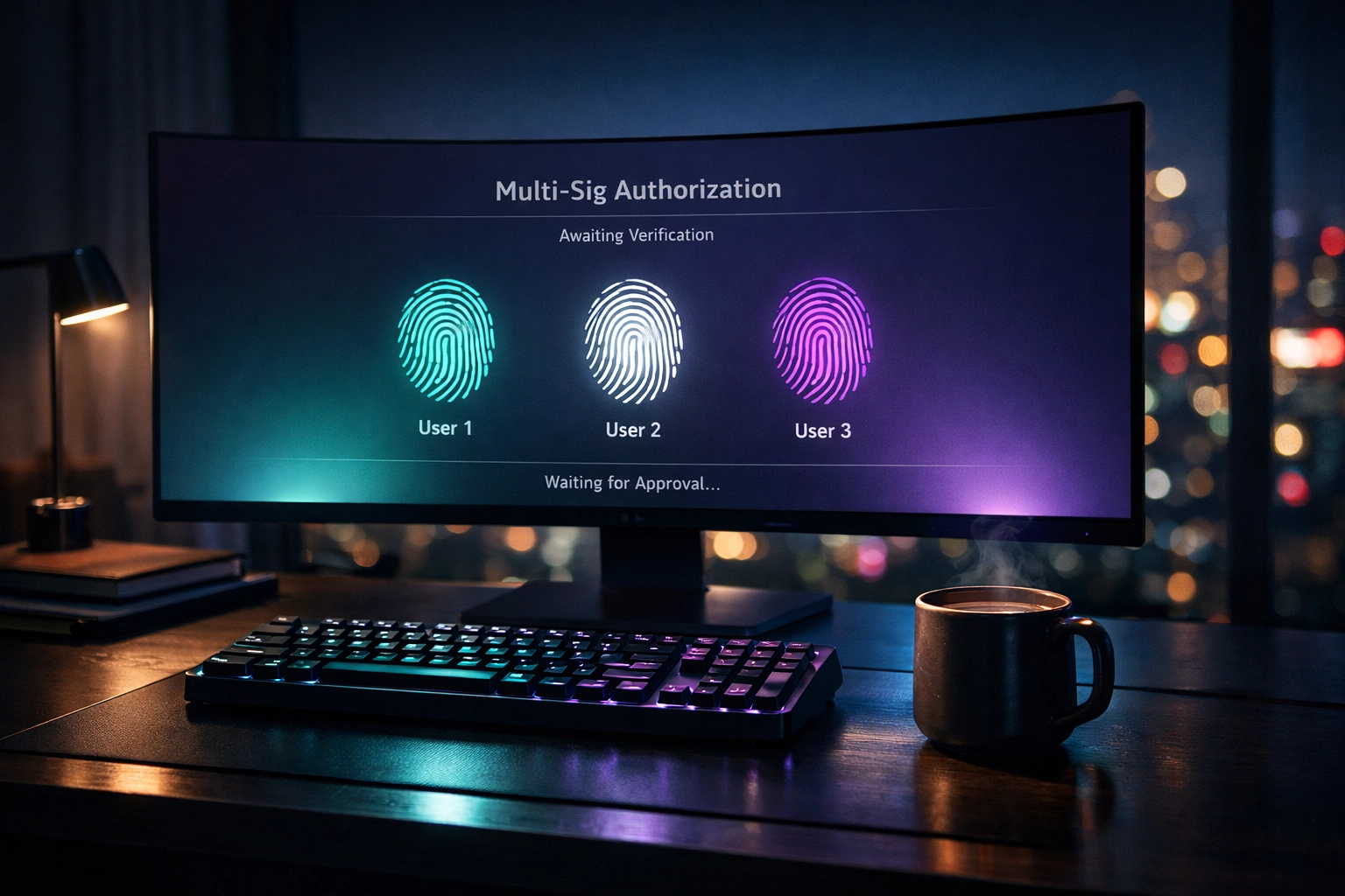 Modern office monitor displaying a multi-sig wallet interface for secure freelance business transactions.