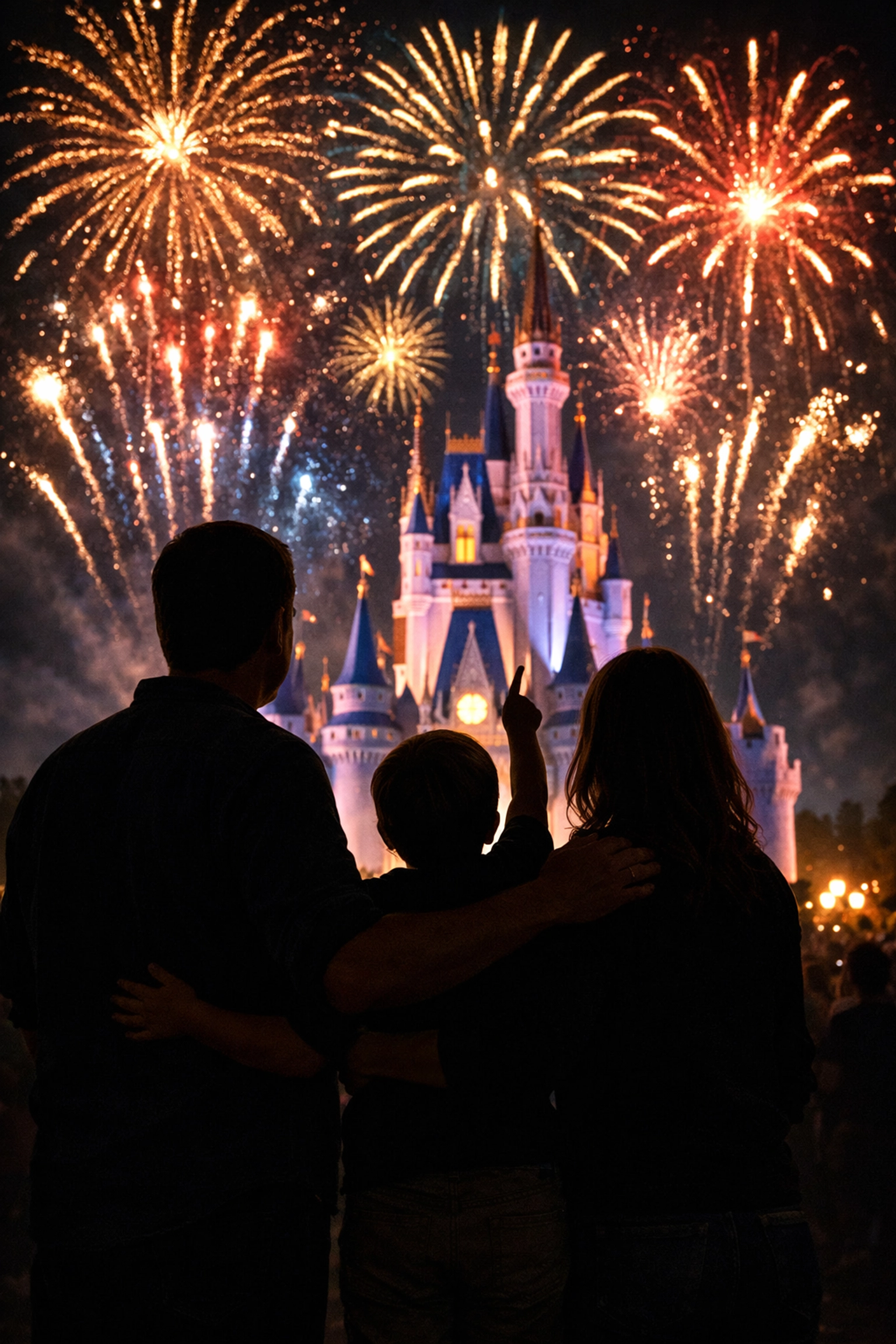 Silhouetted family watching a magical theme park fireworks show at night after a day of expert trip planning.
