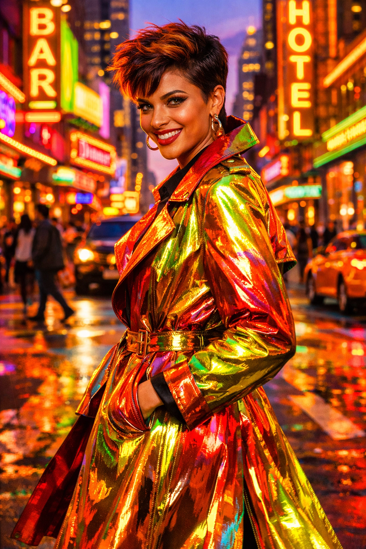 A confident individual smiling and walking through a bustling city street to meet people in real life.