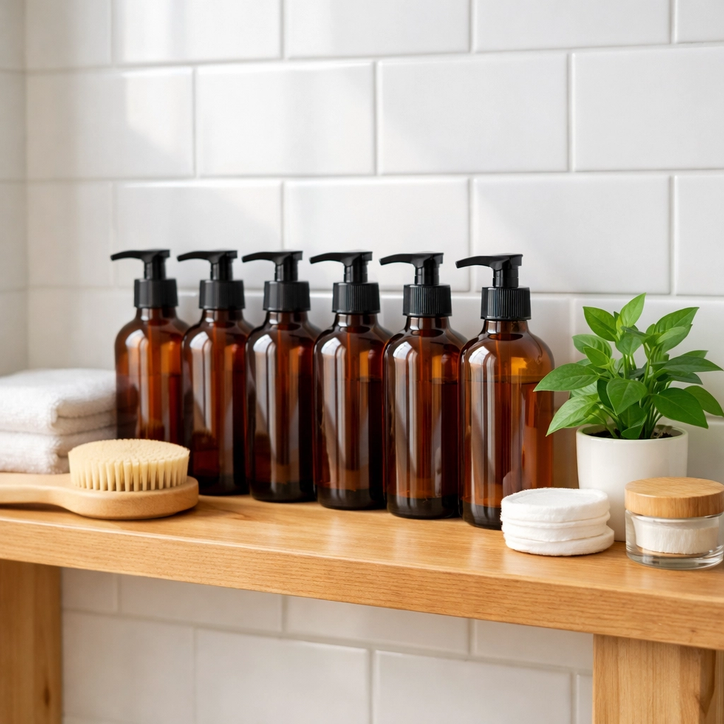 Bulk body wash bottles organized on bathroom shelf showing smart purchasing and storage