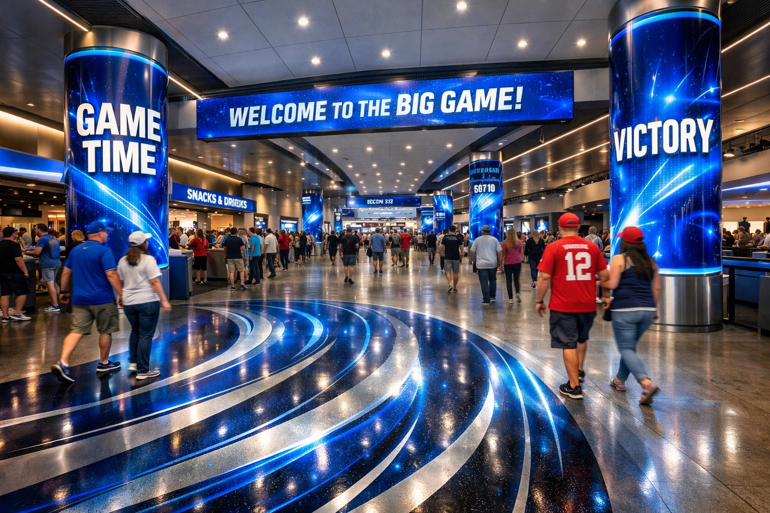 High-tech stadium concourse featuring integrated digital advertising screens and floor graphics.