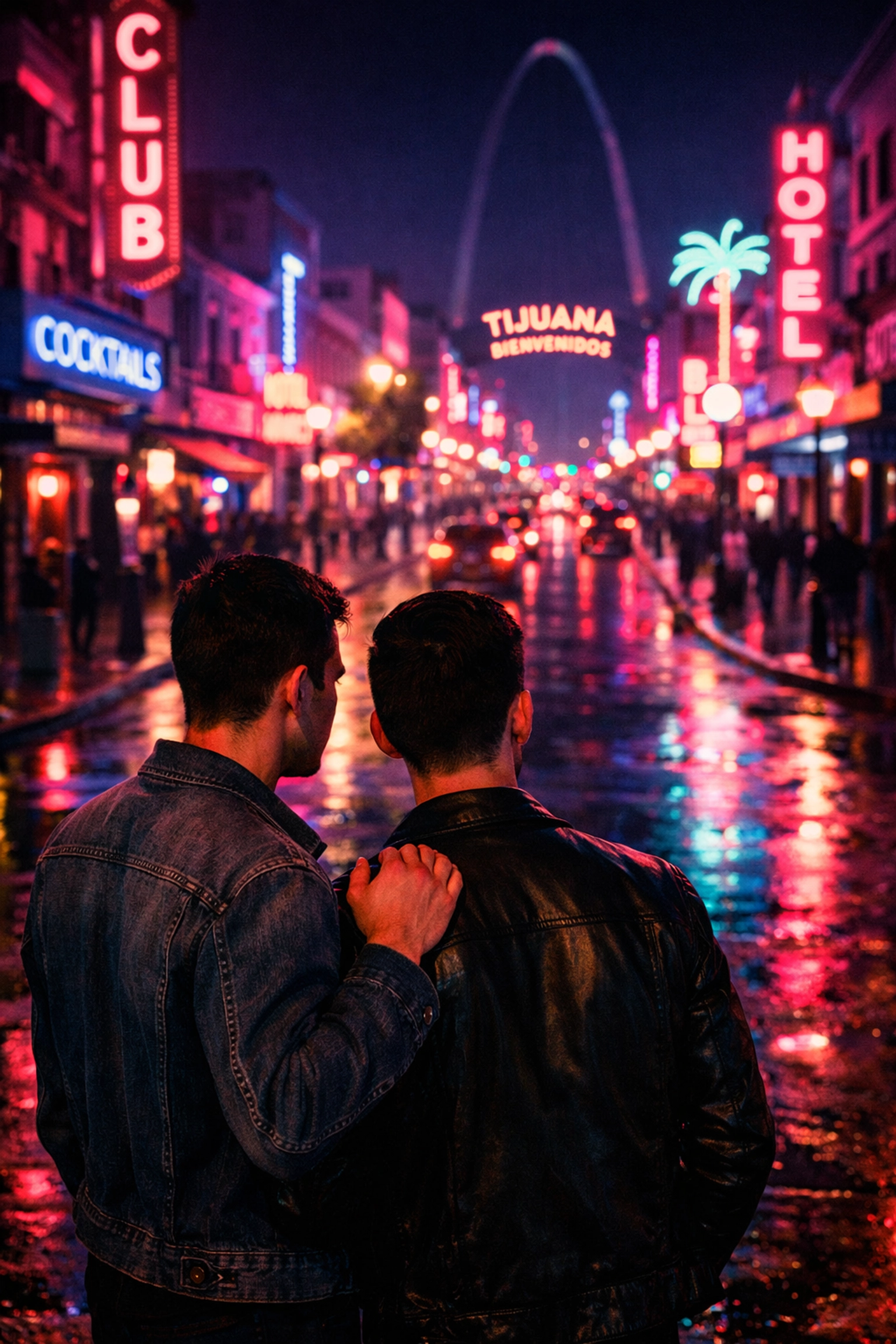 Two men on Revolution Avenue in Tijuana exploring the vibrant LGBTQ+ nightlife scene