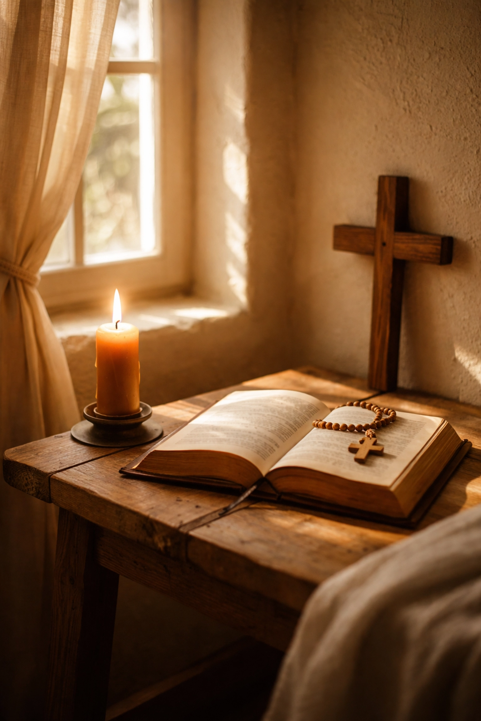 Cozy prayer corner setup with Bible, lit candle, and cross on a rustic table, perfect for home spiritual practices