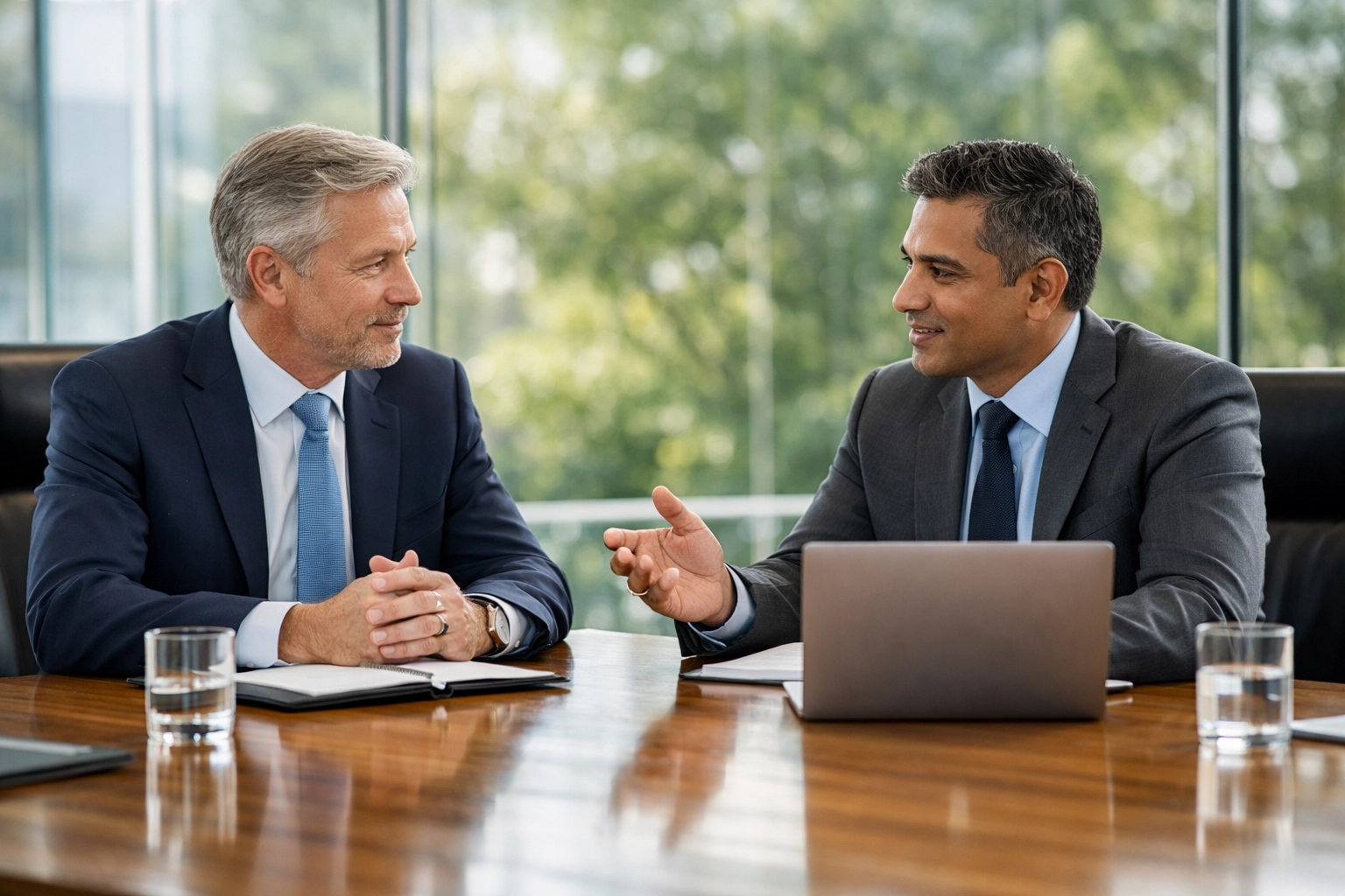 Corporate executives in a boardroom conducting business due diligence to prevent commercial fraud.