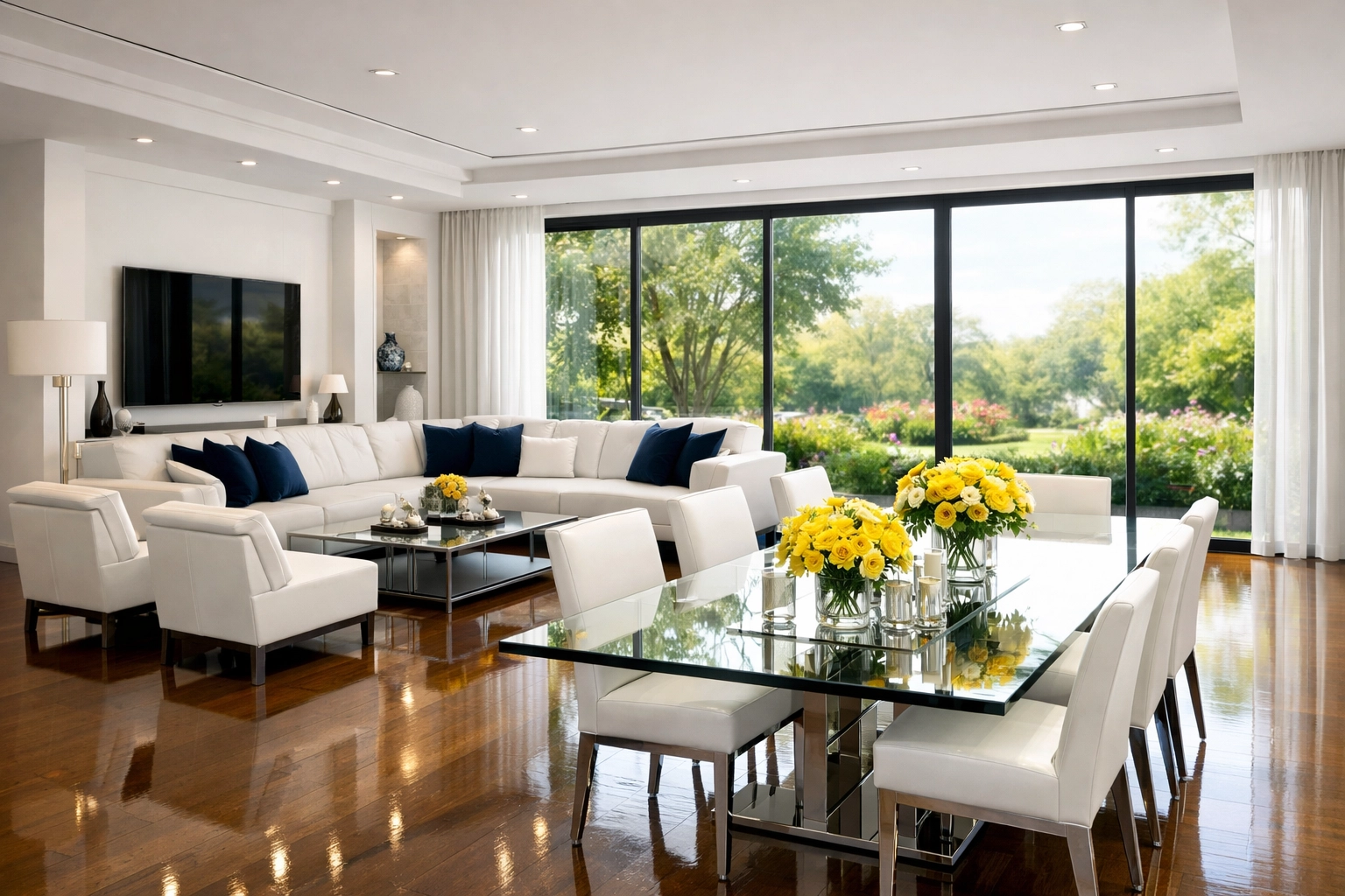 Pristine, sun-drenched open-plan living space after a deep spring cleaning service.