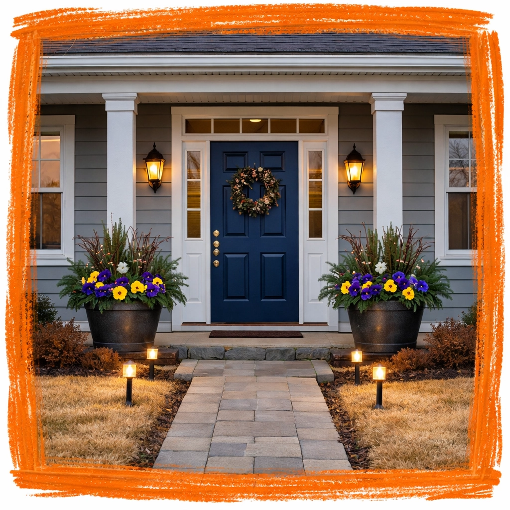 Suburban home exterior with navy blue front door and winter planters creating curb appeal despite brown lawn Suburban home exterior with navy blue front door and winter planters creating curb appeal despite brown lawn