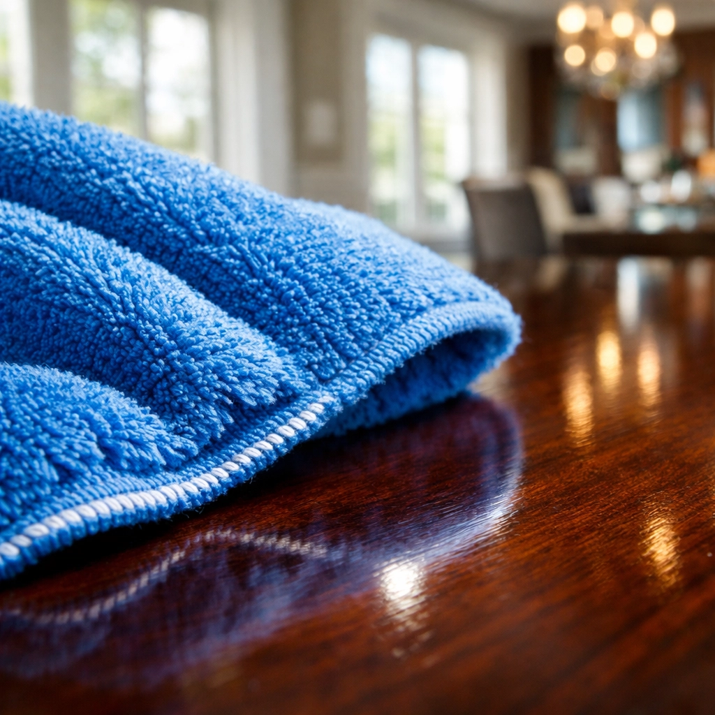 Blue microfiber cloth used for green cleaning services Lowell MA on a polished wood dining table.