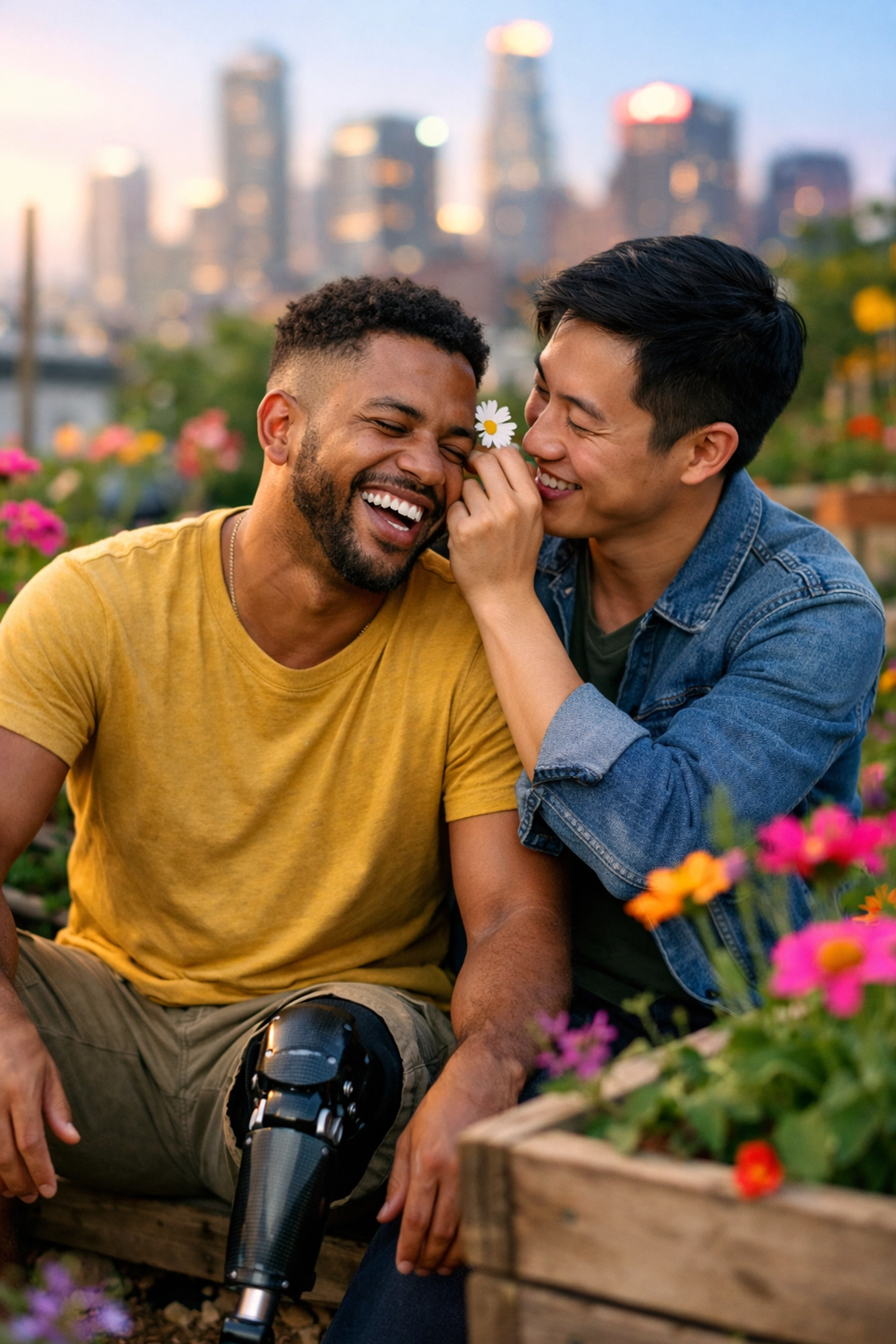 Joyful gay couple celebrating trans joy in a garden, illustrating intersectional queer love stories.