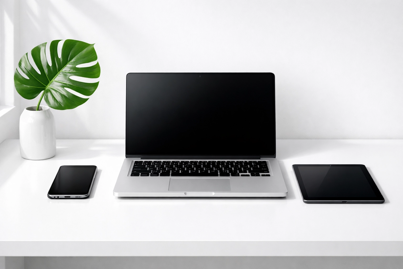 Modern white desk with digital devices representing a managed online presence and integrated web services.