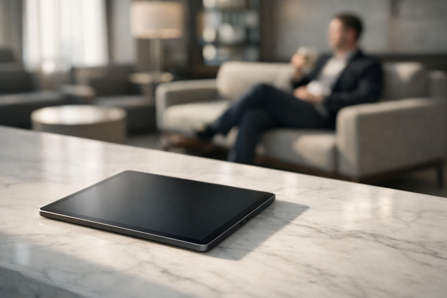 Mobile hotel management software on a tablet at a modern marble reception desk.