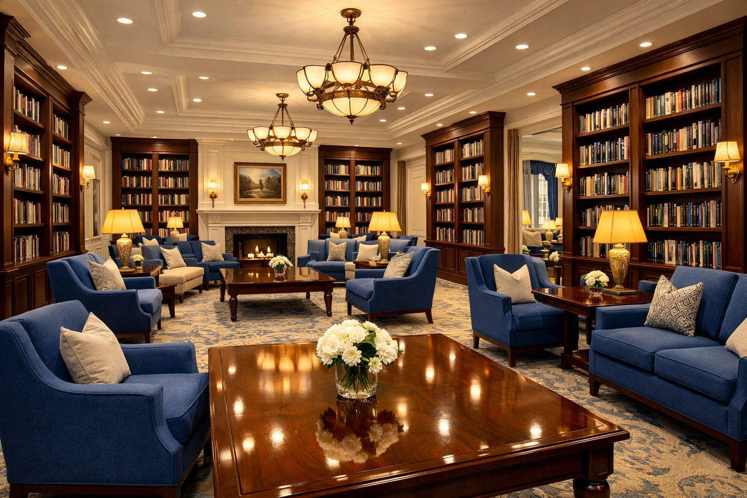 Spotless senior living community lounge with polished tables and clean furniture, reflecting expert cleaning standards.