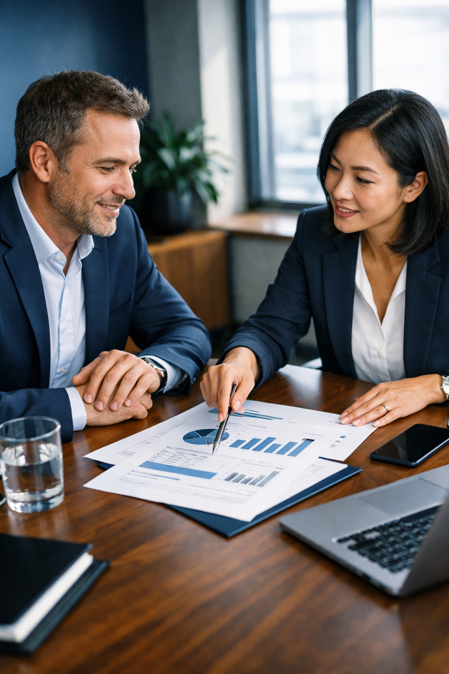 Business advisor meeting with owner reviewing valuation documents and exit strategy planning