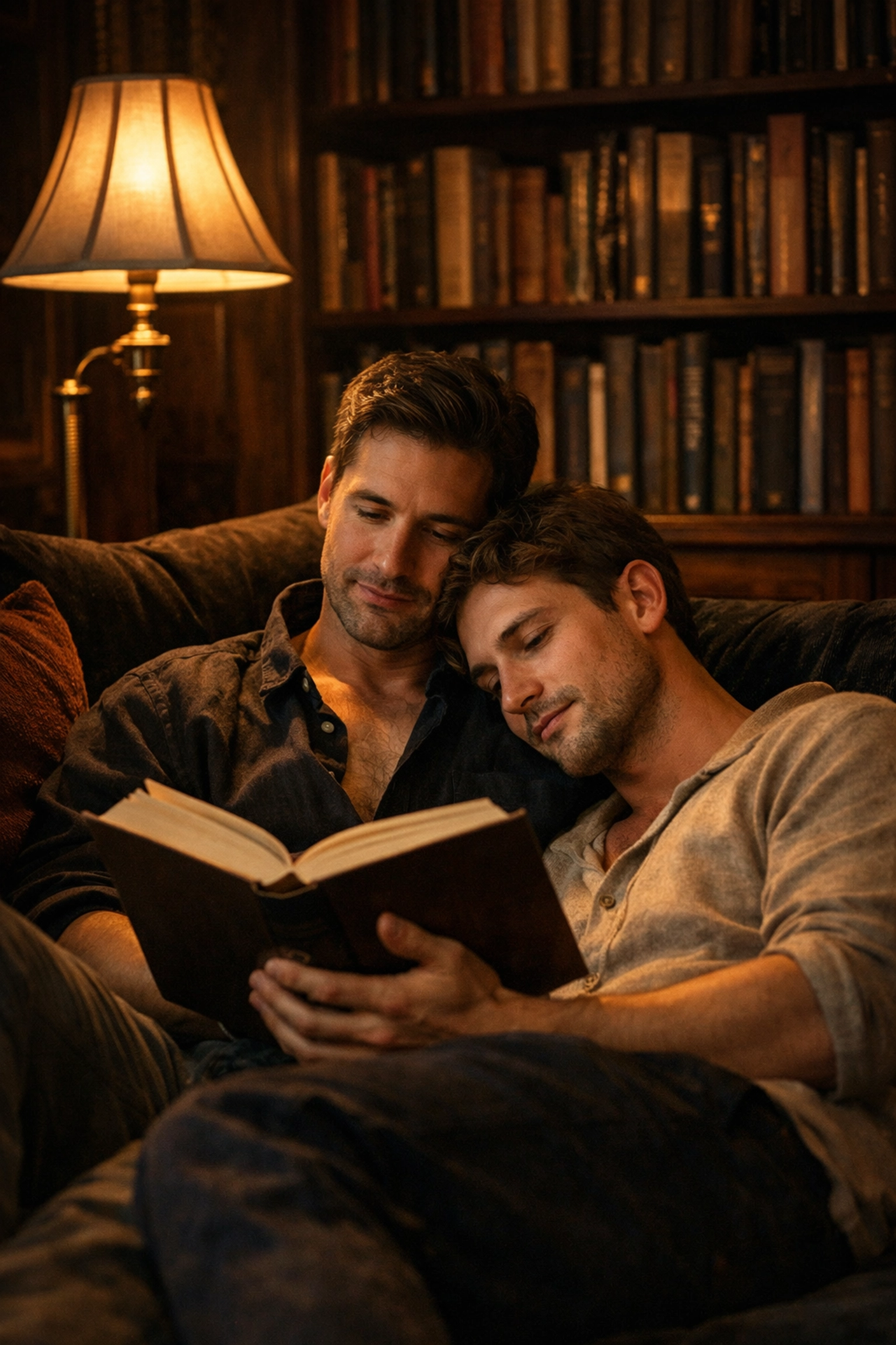 A gay couple reading together in a cozy library to enhance their intellectual and emotional connection.