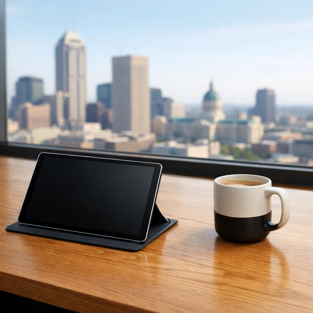 Minimalist office workspace in a high-rise building overlooking a Midwest city skyline.