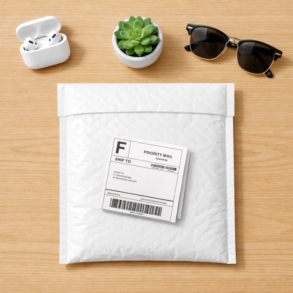 A clean desk layout showing a shipping mailer and label to trade in phone for cash easily.