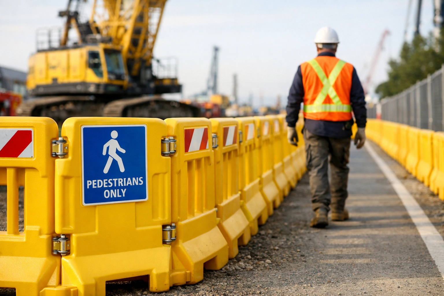Yellow safety barriers creating a secure pedestrian walkway separated from heavy machinery on a construction site.