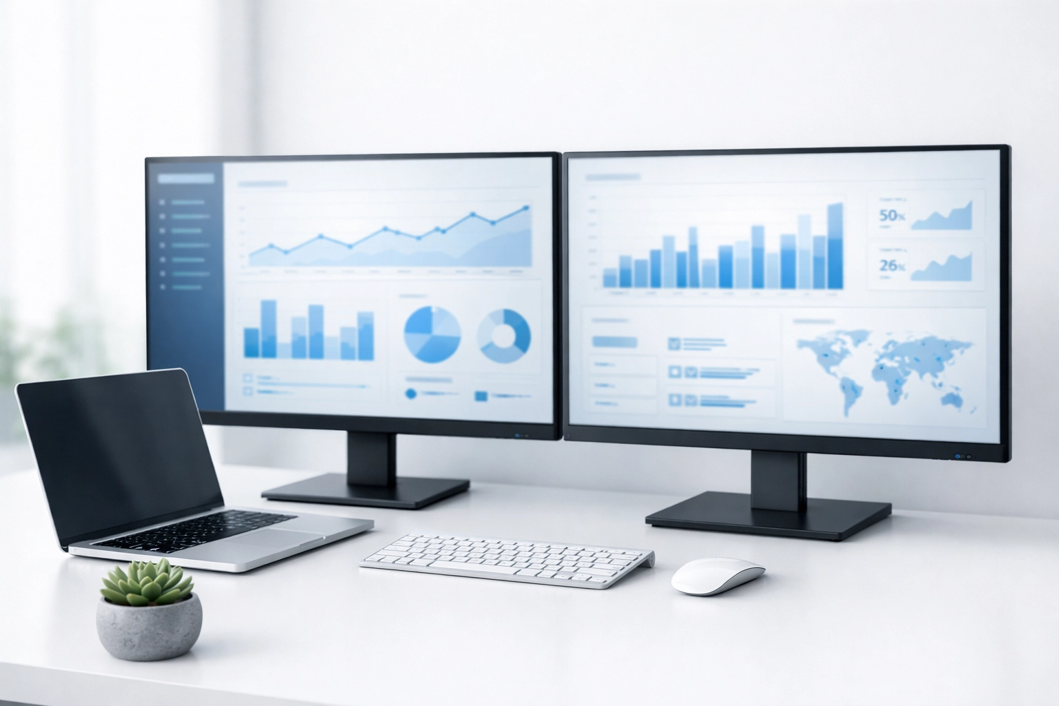 Automated tax software dashboard on dual monitors showing integrated ERO data and CRM metrics.