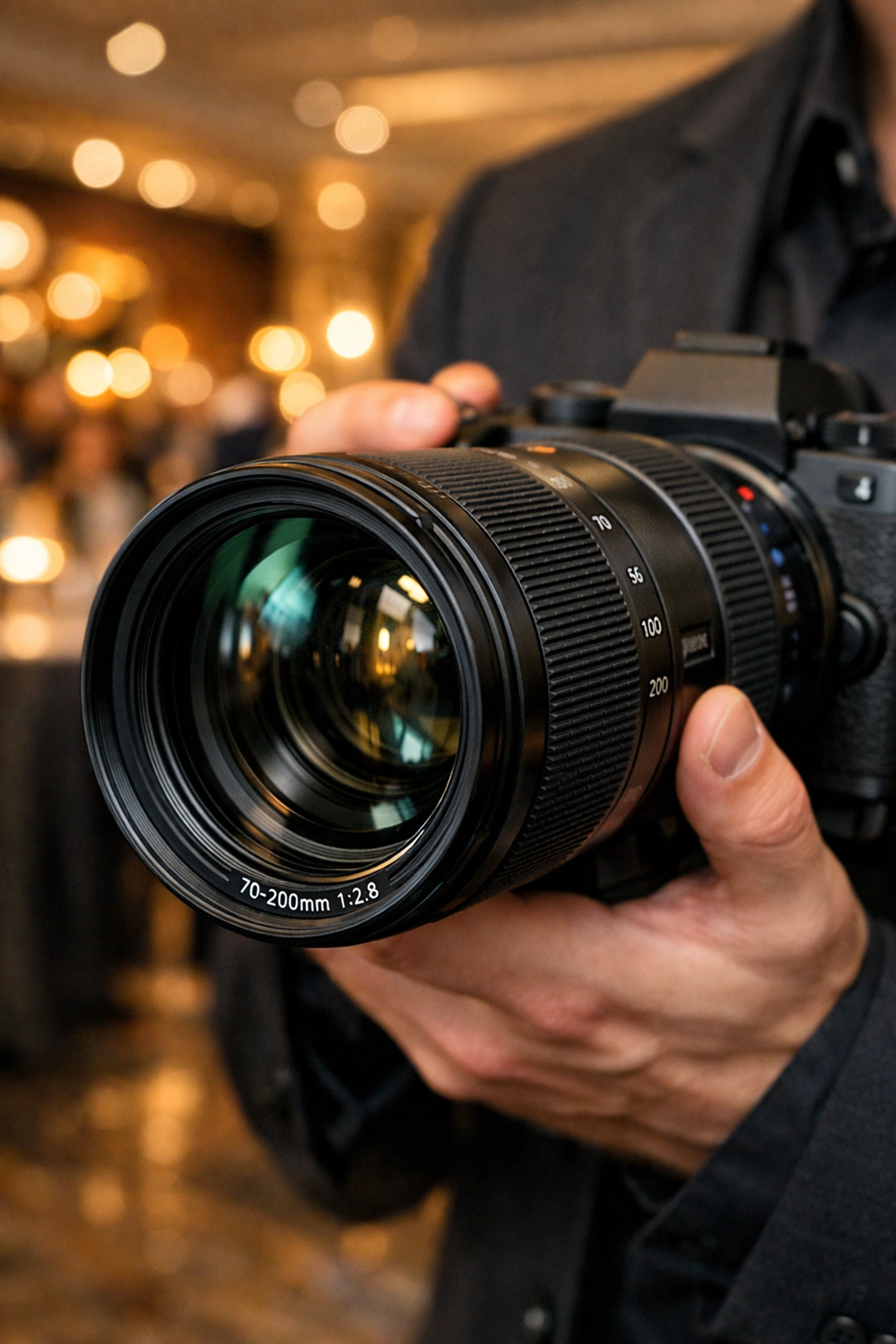 Professional camera lens capturing low-light details at a Miami corporate networking event.